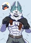 abs absurd_res anthro black_clothing black_shirt black_topwear blush bodily_fluids bottomwear brand_new_animal canid canine canis clothing collar duo embarrassed female fur gloves green_body green_fur handwear hi_res humanoid impact_effect male male/female mammal michiru_kagemori muscular muscular_antro nipples pants pecs shirou_ogami shirt studio_trigger sweat topwear touching_chest umbreoncloud undressing white_body white_fur wolf