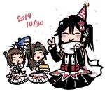  3girls antenna_hair birthday birthday_cake black_gloves black_hair black_neckwear black_skirt blush_stickers brown_eyes brown_hair cake closed_eyes dated double-breasted double_bun elbow_gloves fingerless_gloves food gloves green_headband hair_intakes half_updo hat headband jintsuu_(kantai_collection) kantai_collection long_hair lowres multiple_girls naka_(kantai_collection) necktie party_hat remodel_(kantai_collection) scarf school_uniform sendai_(kantai_collection) serafuku simple_background skirt smile terrajin two_side_up v white_background white_scarf 