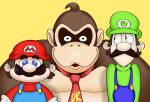 2024 anthro ape black_eyes black_facial_hair black_mustache blue_clothing blue_eyes blue_overalls bodily_fluids brother_(lore) brothers_(lore) brown_body brown_fur brown_hair button_(fastener) clothed clothed_human clothed_male clothing colored cookieboy011 creepy_smile digital_drawing_(artwork) digital_media_(artwork) donkey_kong_(character) donkey_kong_(series) english_description facial_hair fully_clothed fully_clothed_human fully_clothed_male fur gloves green_clothing green_hat green_headwear green_shirt green_topwear group hair handwear haplorhine hat headgear headwear human larger_anthro larger_human larger_male light lighting looking_at_another looking_at_viewer luigi male male_anthro male_human mammal mario mario_bros mostly_nude mouth_closed mustache necktie necktie_only nervous nervous_sweat nintendo overalls primate red_clothing red_hair red_necktie red_shirt red_topwear shaded shirt sibling_(lore) simple_background size_difference slightly_chubby slightly_chubby_human slightly_chubby_male smaller_human smaller_male smile smiling_at_viewer standing sweat tan_body tan_skin topwear trio twins_(lore) white_clothing white_gloves white_handwear yellow_background