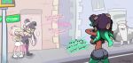 anthro artist_name big_breasts big_man_(splatoon) black_hair blonde_hair breasts callie_(splatoon) cephalopod chabble clothing crosswalk crown dialogue english_text female fish flashing flashing_breasts flat_chested green_clothing green_hair green_legwear green_nipples group hair headgear hi_res humanoid inkling legwear looking_at_another male marina_(splatoon) marine mollusk multicolored_hair nintendo nipples octarian octoling outside pearl_(splatoon) pink_hair pseudo_hair ray_(fish) signature simple_eyes splatoon stingray street tentacle_hair tentacles text yellow_eyes