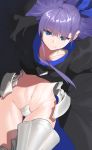  1girl arka91 armored_boots bangs black_coat blue_eyes blue_ribbon boots breasts collarbone crotch_plate fate/extra fate/extra_ccc fate_(series) faulds hair_ribbon highres long_sleeves meltryllis navel purple_hair revealing_clothes ribbon sleeves_past_fingers sleeves_past_wrists solo thighs 