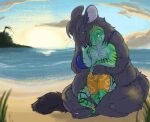 2017 3_toes 4_fingers agamid anthro arm_around_waist arms_bent bent_legs bikini bishui_long black_body black_claws black_fur black_hair black_tail blue_bikini blue_body blue_clothing blue_eyes blue_scales blue_sky blue_swimwear blue_tail breasts brown_eyes chinchilla chinchillid chinese_water_dragon claws clothed clothed_anthro clothed_female clothed_male clothing cloud colored day digital_drawing_(artwork) digital_media_(artwork) duo eye_contact featureless_chest feet female female_anthro finger_claws fingers fluffy fluffy_tail fully_clothed fully_clothed_anthro fully_clothed_female fur grass green_body green_scales green_stripes green_tail hair hand_holding hands_together hug island larger_female light lighting lizard long_tail looking_at_another male male/female male_anthro mammal maria_(nichara) markings multicolored_tail nennsen orange_clothing orange_swimming_trunks orange_swimwear plant red_tongue reptile rodent sand scales scalie sea seaside shaded short_hair sitting sitting_on_ground size_difference sky slightly_chubby slightly_chubby_anthro slightly_chubby_female smaller_anthro smaller_male smile smiling_at_another smiling_at_each_other smiling_at_partner standing striped_arms striped_markings striped_tail stripes swimming_trunks swimwear tail tail_markings thick_thighs toes tongue tongue_out two-piece_swimsuit water water_dragon_(agamid) whiskers