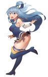  1girl aqua_(konosuba) ass bare_shoulders blue_eyes blue_hair blush boots breasts commentary_request detached_sleeves hair_ornament hair_rings harukagi kono_subarashii_sekai_ni_shukufuku_wo! long_hair looking_at_viewer medium_breasts no_panties open_mouth simple_background skirt smile solo thigh_boots thighhighs very_long_hair white_background 