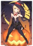  1girl bangs bare_shoulders bat black_cape black_headwear black_legwear blonde_hair breasts cape commentary_request crescent_moon eyebrows_visible_through_hair facial_mark fate/grand_order fate_(series) gloves halloween hat highres long_hair looking_at_viewer lord_el-melloi_ii_case_files moon pumpkin red_footwear reines_el-melloi_archisorte shoes small_breasts smile thighhighs yuuuuu 