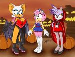  4:3 amy_rose big_breasts blaze_the_cat blue_eyes boots breasts cleavage clothed clothing costume dress female footwear green_eyes halloween hi_res holidays huge_breasts legwear lipstick makeup orange_eyes rouge_the_bat signature somewhatsketchy sonic_(series) stockings 