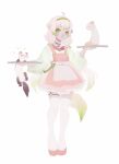  1girl 2others ahoge alternate_costume animal animal_ears apron belt dress ferret ferret_ears ferret_girl ferret_tail gradient_hair gradient_tail green_eyes green_hair green_sweater green_tail high_heels highres holding holding_plate indie_virtual_youtuber laimu_(vtuber) long_hair multicolored_hair multicolored_tail multiple_others o-ring o-ring_thigh_strap pink_dress plate pwige0n sweater tail thigh_strap thighhighs twintails two-tone_hair two-tone_tail uwu vinesauce virtual_youtuber waitress white_hair white_tail 