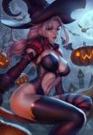  1girl artist_name bangs blush breasts broom broom_riding cleavage cloud cloudy_sky commentary detached_sleeves full_moon hat heart_cutout highres jack-o&#039;-lantern jewelry large_breasts leotard lips long_hair looking_at_viewer low_ponytail mismatched_legwear moon night original parted_lips pink_hair puffy_short_sleeves puffy_sleeves purple_legwear purple_leotard red_eyes sciamano240 short_sleeves shrug_(clothing) sidelocks signature sky smile solo striped striped_legwear thighhighs witch witch_hat 