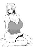  1girl bangs_pinned_back bare_shoulders bed_sheet blush breasts camisole cleavage english_commentary folded_hair glasses greyscale hair_pulled_back highres huge_breasts imminent_sex inne_sulistya_robin monochrome norman_maggot original panties panty_pull sitting sleepwear thighs underwear wariza 