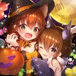 2019 2girls animal_ears blush brown_hair bunny eyebrows_visible_through_hair haiba_09 hair_between_eyes hair_ornament hairclip halloween happy_halloween hat highres ikazuchi_(kantai_collection) inazuma_(kantai_collection) kantai_collection long_hair looking_at_viewer moon multiple_girls one_eye_closed open_mouth pumpkin short_hair smile star witch_hat wolf_ears wolf_paws 