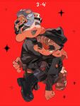  2boys :d ^_^ arms_around_neck bakori514_(h_akka) black_boots black_jacket boots closed_eyes closed_mouth fang full_body goggles goggles_on_head grey_eyes grey_hair grey_tongue highres jacket male_focus mask_pull multiple_boys octoling_boy octoling_player_character red_background red_pupils saturated short_hair smile splatoon_(series) star_(symbol) star_symbol_background wavy_mouth 