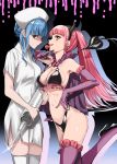  2girls arm_up armpits barefoot bat_earrings between_fingers bikini black_background black_hairband blue_hair blush braid breasts brown_eyes candy closed_mouth commentary_request demon_tail elbow_gloves fake_horns fang fire_emblem fire_emblem:_three_houses food frilled_bikini frilled_gloves frills glint gloves hairband halloween halloween_costume hat highres hilda_valentine_goneril holding holding_food holding_syringe licking lollipop long_hair looking_at_viewer marianne_von_edmund medium_breasts misu_kasumi multiple_girls nurse nurse_cap o-ring o-ring_bikini o-ring_top oversized_object pink_eyes pink_hair profile purple_background purple_gloves shaded_face short_hair short_sleeves sidelocks simple_background swimsuit syringe tail thighhighs tongue tongue_out torn_clothes twintails upper_teeth very_long_hair white_legwear 