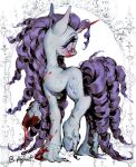 1_horn blood blood_drip blood_on_face blood_on_hand blood_on_horn blood_on_leg bloodshot_eyes blue_eyes bodily_fluids bracelet curled_tail curly_hair cutie_mark digital_media_(artwork) digital_painting_(artwork) dripping equid equine female feral fetlocks friendship_is_magic fur gore hair hasbro hi_res hooves horn jewelry long_hair looking_at_viewer looking_back looking_back_at_viewer mammal my_little_pony mythological_creature mythological_equine mythology necklace p0nyplanet painting_(artwork) purple_hair purple_tail rarity_(mlp) rear_view solo tail unicorn vein veiny_legs watermark white_body white_fur