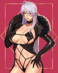  1girl ahoge bare_hips black_gloves black_swimsuit breasts character_request closed_mouth collar cowboy_shot earrings elbow_gloves elsword facial_mark fur gloves groin hair_between_eyes hand_on_hip hand_up highres jewelry large_breasts latex long_hair looking_at_viewer navel on_(isk1812) one-piece_swimsuit red_lips revealing_clothes silver_hair smile solo stomach swimsuit two-tone_background underboob uniform whisker_markings yellow_eyes 