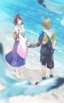  1boy 1girl bare_shoulders barefoot beach bird blonde_hair blue_shorts blue_skirt blurry blurry_foreground brown_hair closed_eyes cropped_jacket detached_sleeves facing_another final_fantasy final_fantasy_x from_above full_body gloves highres hood hood_down jacket medium_hair nontraditional_miko ocean quichi_91 sand sash short_hair shorts skirt standing tidus watermark waves yellow_jacket yuna_(ff10) 
