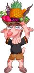 2025 alcohol alpha_channel anthro belt beverage big_nose black_clothing black_shirt black_topwear blackberry_(fruit) blue_eyes blueberry_(fruit) blush bottomwear bovid brown_bottomwear brown_clothing brown_hair brown_shorts caprine clothing container cup dewclaw_hooves dewlap_(anatomy) digital_drawing_(artwork) digital_media_(artwork) eyebrows eyebrows_through_hat eyelashes eyewear fingers food fruit fruit_hat fur glass glass_container glass_cup glasses glistening glistening_nose goat grape hair hat headgear headwear hi_res holding_object hooved_fingers hooves horizontal_pupils horn liquid long_ears looking_up male mammal margarita mark_hor neck_tuft open_mouth orange_(fruit) philtrum pineapple pink_body pink_fur pink_nose plant pockets pupils raised_eyebrow raspberry schreckengast shaded shirt shorts simple_background slightly_chubby solo strawberry teeth tongue topwear transparent_background tricolor tuft wearing_glasses whisker_spots wine wine_bottle