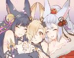  1boy 2girls animal_ears bell blonde_hair blue_eyes blush cheek-to-cheek erune fang fox_boy fox_ears fox_tail fur granblue_fantasy hair_bell hair_ornament hair_over_one_eye honey-cat hug jingle_bell kou_(granblue_fantasy) long_hair multiple_girls open_mouth red_eyes silver_hair smile socie_(granblue_fantasy) tail very_long_hair yuel_(granblue_fantasy) 