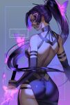  1girl absurdres arialla_draws ass back bare_shoulders breasts dress elbow_gloves fishnets gloves highres holding holding_sword holding_weapon large_breasts long_hair looking_at_viewer marvel marvel_rivals mask ponytail psylocke psylocke_(sai) purple_eyes purple_hair solo sword weapon x-men 