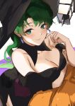  1girl absurdres bangs bare_shoulders black_dress blush breasts cleavage closed_mouth collarbone commentary_request dress earrings eyebrows_visible_through_hair fingernails fire_emblem fire_emblem:_the_blazing_blade fire_emblem_heroes green_eyes green_hair halloween_costume hand_up hat highres jewelry lips long_hair looking_at_viewer lyn_(fire_emblem) medium_breasts ormille simple_background smile solo witch_hat 