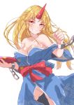  1girl bangs bare_shoulders blonde_hair blue_kimono blush bow breasts chain cleavage clenched_hand collarbone commentary_request cowboy_shot cuffs cup eyebrows_visible_through_hair grin hand_up head_tilt highres holding holding_cup horn hoshiguma_yuugi hoshiguma_yuugi_(promo) japanese_clothes kimono large_breasts long_hair looking_at_viewer mukkushi off_shoulder pointy_ears red_bow red_eyes sakazuki shackles simple_background smile solo standing star star_print touhou v-shaped_eyebrows white_background 