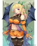  1girl bangs bare_shoulders bat_wings blonde_hair breasts commentary_request copyright_request detached_sleeves elf eyebrows_visible_through_hair hair_ornament halloween iltusa large_breasts looking_at_viewer midriff navel one_eye_closed orange_shorts pointy_ears ponytail red_eyes shorts solo thighhighs tongue tongue_out torn_clothes torn_legwear wings 