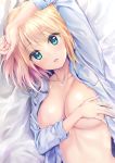  1girl :d aqua_eyes areolae blonde_hair blush breasts collarbone collared_shirt covering covering_breasts cropped highres large_breasts medium_hair open_clothes open_mouth open_shirt original pasdar shirt smile solo textless upper_body 