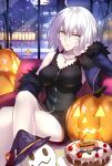  1girl ahoge bat black_dress blue_coat breasts cake coat dress fate/grand_order fate_(series) food full-length_zipper full_moon fur-trimmed_coat fur-trimmed_sleeves fur_trim halloween hand_on_own_cheek happy_halloween head_rest highres indoors jack-o&#039;-lantern jacket jeanne_d&#039;arc_(alter)_(fate) jeanne_d&#039;arc_(fate)_(all) jewelry medium_breasts moon necklace night night_sky open_clothes open_coat open_jacket pumpkin shiguru short_dress short_hair silver_hair sitting sky solo wicked_dragon_witch_ver._shinjuku_1999 window yellow_eyes zipper 