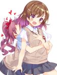  2girls =_= blush brown_eyes brown_hair bucchake_(asami) closed_eyes condensation_trail cowboy_shot eyebrows_visible_through_hair grey_skirt hair_ornament hairclip hand_on_hip hug hug_from_behind long_hair looking_at_viewer misaka_mikoto multiple_girls open_mouth pleated_skirt school_uniform shirai_kuroko short_hair simple_background skirt smile standing sweater_vest to_aru_kagaku_no_railgun to_aru_majutsu_no_index tokiwadai_school_uniform twintails white_background 