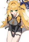  1girl absurdres animal_ears blonde_hair blue_ribbon green_eyes heart highres ju_fufu looking_at_viewer open_mouth ribbon simple_background sitting smile solo tail tail_ornament tail_ribbon tiger_ears tiger_girl tiger_tail w.k white_background zenless_zone_zero 