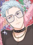  1boy black_shirt blue_hair chain chain_necklace frown glasses gold_necklace head_tilt idolmaster idolmaster_side-m jewelry kuzunoha_amehiko looking_to_the_side male_focus necklace outline portrait purple_eyes red_background shirt short_hair solo studded_choker white_outline zbzb_sea 