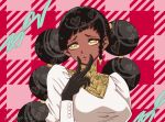  1girl artist_name black_gloves black_hair braid breasts buttons dark-skinned_female dark_skin desscaras gloves hair_bun hair_ornament heart jewelry kayowacool007 large_breasts long_hair long_sleeves looking_at_viewer madan_no_ichi open_mouth patterned_background red_background shirt side_braid single_braid solo upper_body v v_over_mouth witch yellow_eyes 