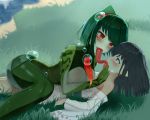  2girls bangs black_hair blush breasts chin_grab eye_contact facial_mark french_kiss frog_girl grass green_eyes green_hair green_skin highres japanese_clothes kimono kiss large_breasts long_tongue looking_at_another lying medium_hair monster_girl monster_girl_encyclopedia mucus_toad_(monster_girl_encyclopedia) multicolored multicolored_skin multiple_girls on_back open_mouth outdoors red_eyes riozoz saliva short_hair tongue tongue_out water_drop white_kimono yuri 