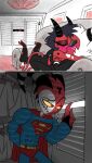 2020 anthro blitzo_(helluva_boss) clothed clothing comic demon digital_drawing_(artwork) digital_media_(artwork) drawer female furniture group hanger helluva_boss hi_res horn imp killb94_(artist) kissing male millie_(helluva_boss) moxxie_(helluva_boss) peek romantic romantic_couple sofa superman superman_logo tail teeth trio