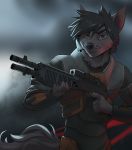  2019 5_fingers anthro black-hair brown_eyes canid canine canis clothed clothing eyebrows fingers gun half-life holding_gun holding_object holding_weapon koul male mammal ranged_weapon shotgun solo standing video_games weapon wolf 