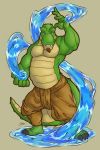  anthro briarsthorne clothed clothing crocodilian elemental_manipulation epsiloh facial_hair goatee hi_res looking_at_viewer male reptile scalie solo topless water water_manipulation 