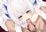  1boy 1girl areolae azur_lane blue_eyes blush breasts breasts_outside censored clothed_female_nude_male cum cum_in_mouth dress elbow_gloves eyebrows_visible_through_hair feathers flower gloves hair_feathers hair_flower hair_ornament hetero highres illustrious_(azur_lane) illustrious_(illustrious_ballroom)_(azur_lane) indoors large_breasts licking_penis male_pubic_hair mosaic_censoring nipples nude penis pubic_hair sitting solo_focus suushiki tongue tongue_out veins veiny_penis white_dress white_gloves white_hair 