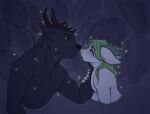 anthro arthropod beetle chimera design_update dragon duo elateroid firefly first_kiss forest hand_on_cheek ignatius_(wickedstag) insect jungle lizurel_(wickedstag) male male/male mythological_creature mythological_scalie mythology night night_in_the_woods plant romantic romantic_couple romantic_night scalie simple_background tree wickedstag wolf_deer_hybrid