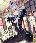  1boy 2girls ayase_momo ayase_seiko bayonetta bayonetta_(cosplay) bayonetta_(series) bayonetta_1 beehive_hairdo beer_bottle black_bodysuit black_hair blush bodysuit bottle breasts brown_eyes brown_hair cat cesar_art456 cleavage_cutout clothing_cutout commentary_request cosplay dandadan earrings glasses grey_hair heart highres indoors jewelry large_breasts long_hair looking_at_viewer multiple_girls no_pants off_shoulder one_eye_closed parted_lips poster_(object) red-framed_eyewear sake_bottle seiza semi-rimless_eyewear shiny_clothes shirt short_hair short_sleeves shouji sitting sliding_doors solo_focus spanish_commentary spoken_heart standing t-shirt takakura_ken_(dandadan) thick_eyebrows turbo_granny_(dandadan) twitter_username under-rim_eyewear very_long_hair white_shirt 