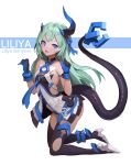  1girl bare_shoulders black_gloves blue_eyes blue_gloves breasts commentary_request from_side gloves green_hair hair_between_eyes highres honkai_(series) honkai_impact_3rd kneeling liliya_olyenyey long_hair looking_at_viewer rainmood small_breasts solo tail thighhighs two-tone_gloves 