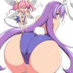  2girls :o =3 angry animal_ears ass ass_focus bare_back bare_shoulders bent_over blush bunny_ears bunny_tail bunnysuit chibi clenched_teeth commentary erina_(rabi-ribi) eyebrows_visible_through_hair fairy fang from_behind leotard long_hair looking_at_viewer looking_back minigirl multiple_girls naitou_kouse pink_hair pointy_ears purple_eyes purple_hair purple_leotard rabi-ribi ribbon_(rabi-ribi) simple_background tail teeth thigh_gap v-shaped_eyebrows very_long_hair white_background 