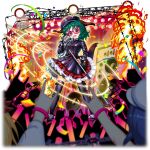  3girls adapted_costume animal_collar animal_ears black_dress black_hat black_thighhighs blurry blurry_foreground bracelet breasts chain choujuu_gigaku collar confetti dog_ears dog_tail dress fire frilled_dress frills game_cg glasses green_eyes green_hair hat highres holding holding_microphone jewelry kasodani_kyouko kasodani_kyouko_(choujuu_gigaku) keep_out long_sleeves looking_at_viewer medium_hair microphone multiple_girls murasa_minamitsu official_art open_mouth petticoat red-framed_eyewear red_nails rotte_(1109) skull_print smile solo_focus speaker spiked_bracelet spikes tail thighhighs third-party_source toramaru_shou touhou touhou_lostword transparent_background 