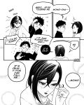  1boy 1girl ^^^ absurdres averting_eyes ayase_momo azezazel blush choker collared_shirt dandadan earrings embarrassed english_commentary english_text flying_sweatdrops gakuran glasses greyscale hair_between_eyes highres jacket jewelry long_sleeves looking_at_another monochrome nervous_sweating open_mouth profile round_eyewear school_uniform shirt short_hair shy speech_bubble surprised sweat sweatdrop takakura_ken_(dandadan) twitter_username upper_body 