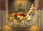 absurd_res accessory amethyst_(gem) anklet anthro areola arm_support bedroom_eyes big_areola big_breasts blonde_hair breasts clothed clothing crown curvy_figure egyptian egyptian_clothing egyptian_headdress felid feline female fur furgonomics gem gold_(metal) greenzlie hair hand_on_hip headgear hi_res jewelry leaning_on_elbow lying mammal markings nachita_the_serval narrowed_eyes necklace nude on_side pharaoh purple_eyes purple_hair queen queen_basatet ring royalty rug seat seductive serval slightly_chubby solo spots spotted_markings tail tail_accessory tail_jewelry tail_ring tiara treasure treasure_hoard voluptuous white_body white_fur wide_hips yellow_body yellow_fur