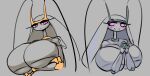 antennae_(anatomy) anthro arm_under_breasts big_breasts blush breasts crossed_arms duo eyelashes female generation_7_pokemon grey_background hair hi_res huge_breasts looking_at_viewer nintendo pheromosa pink_eyes pokemon pokemon_(species) simple_background smile ultra_beast under_boob white_body white_hair yboon