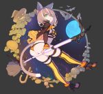  1girl :3 animal_ear_fluff animal_ears ass bangs bat breasts broom broom_riding brown_hair candy capelet cat_ears cat_tail closed_mouth cookie detached_sleeves food frilled_sleeves frills full_moon green_eyes hair_between_eyes high_heels highres jack-o&#039;-lantern long_sleeves looking_at_viewer looking_back medium_breasts moon multicolored_hair nagisa_kurousagi original short_hair smile solo streaked_hair striped striped_legwear tail thighhighs vertical-striped_legwear vertical_stripes white_hair yellow_legwear 