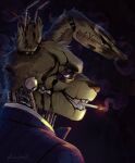 animatronic anthro black_background blue_eyes bow_tie cigarette cigarette_in_mouth cigarette_smoke digital_drawing_(artwork) digital_media_(artwork) fangs five_nights_at_freddy&#039;s five_nights_at_freddy&#039;s_3 glowing glowing_eyes grinning_at_viewer hi_res lagomorph leporid looking_at_viewer machine male mammal object_in_mouth p0nyplanet rabbit robot robot_anthro scottgames side_view simple_background smile smiling_at_viewer smoke smoking smoking_cigarette solo springtrap_(fnaf) teeth watermark