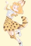  1girl :3 :d absurdres animal_ear_fluff animal_ears bare_shoulders blonde_hair blush boots bow bowtie commentary extra_ears fang full_body highres kemono_friends kona_ming looking_at_viewer open_mouth paw_pose print_legwear print_neckwear print_skirt serval_(kemono_friends) serval_ears serval_print serval_tail shirt short_hair simple_background skirt sleeveless sleeveless_shirt smile solo tail thighhighs white_footwear white_shirt yellow_background yellow_eyes 