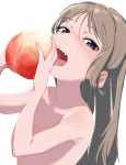  1girl absurdres bangs blue_eyes bouen brown_hair collarbone convenient_arm eyebrows_visible_through_hair food fruit hands_up highres holding holding_food holding_fruit long_hair lower_teeth nude open_mouth original peach solo tongue transparent_background upper_body upper_teeth very_long_hair 