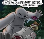 2023 adult_swim ambiguous_gender anthro armor baymax big_hero_6 blood bodily_fluids boots bullet_wound cartoon_network clothing dialogue digital_drawing_(artwork) digital_media_(artwork) disney english_text female flower footwear grass headgear helmet killb94_(artist) lying machine male male/ambiguous mammal moral_orel nickelodeon plant robot rodent sandy_cheeks sciurid shoes spacesuit spongebob_squarepants teeth text tree wounded
