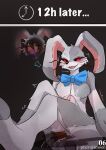 2024 anthro artist_name biped blush bodily_fluids bound bow_tie bow_tie_only breasts brown_hair buckteeth bulge butt colored comic detailed_bulge directional_arrow duo encasement english_text erection featureless_breasts female five_nights_at_freddy&#039;s fur genital_fluids genital_outline genitals green_eyes grey_body grey_fur hair hi_res lagomorph legs_together leporid looking_pleasured low-angle_view male mammal mostly_nude motion_lines object_in_anus object_in_ass object_in_pussy open_mouth open_smile patchwork_creature penis_outline pink_ears pupils pussy rabbit red_sclera scottgames seam_(sewing) shaded sitting sitting_on_ground slit_pupils smile takeover teeth text time_skip vaginal_fluids vanny_(fnaf) white_body white_fur yimoon640