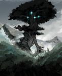  animal aynoh bird flying forest giant_tree glowing highres mountain nature no_humans outdoors pixiv_fantasia pixiv_fantasia_last_saga silhouette sky tagme tree 